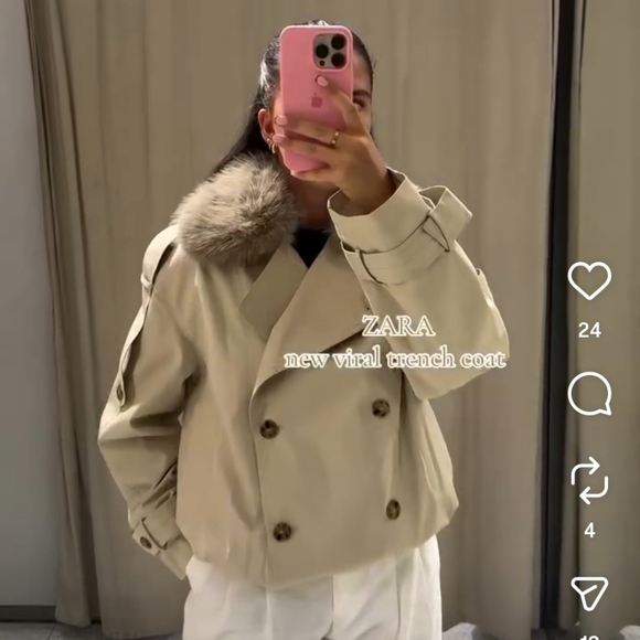 ZARA WATER REPELLENT SHORT TRENCH COAT FUR Size XL - Picture 12 of 16